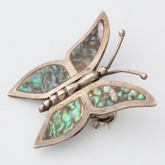 Vintage Abalone Shell Inlay Sterling Silver Butterfly Brooch Pin ECF 925 Mexico - Picture 2 of 5